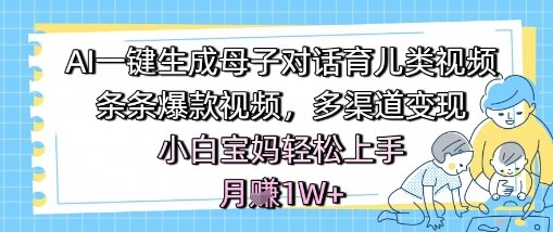 AI一键生成母子对话育儿类视频，条条爆款视频，多渠道变现，小白宝妈轻松上手，月入1W+