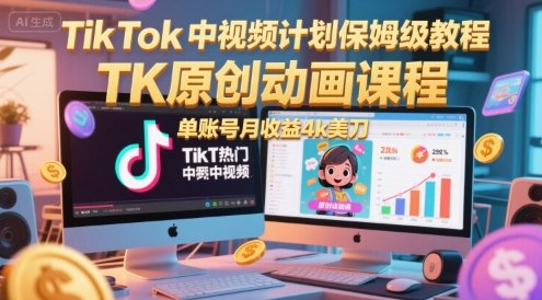 TikTok中视频计划保姆级教程，TK原创动画课程，单账号月收益4k美刀  第1张