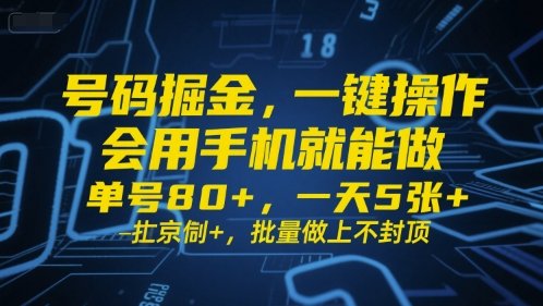 号码掘金，一键操作，会用手机就能做，单号80+，一天5张+，批量做上不封顶【揭秘】  第1张