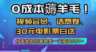 0成本薅羊毛!视频会员、话费卷、30元电影票白送，分享我如何靠转卖一天变现5张+【揭秘】  第1张
