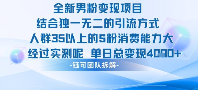 全新男粉变现项目引流人群35以上的男粉消费能力大 经过实测单日变现1k+
