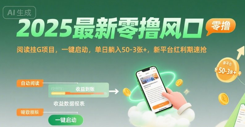 2025最新零撸风口，阅读挂G项目，一键启动，单日躺入 50-3张+，新平台红利期速抢【揭秘】  第1张