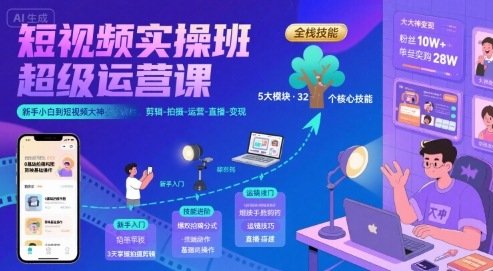 短视频实操班超级运营课，新手小白到短视频大神必修课程，剪辑-拍摄-运营-直播-变现  第1张