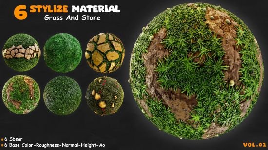 Unreal Engine Marketplace – 6 Stylize Material Grass And Stone (5.3)  第1张
