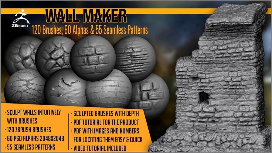 ArtStation – Wall Maker 120 ZBrush Brushes, 60 Alphas, and 55 Pattern