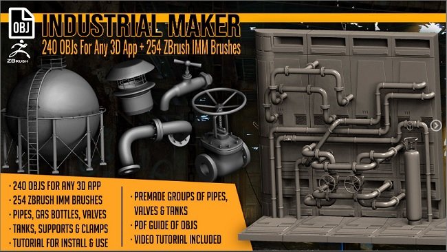 Artstation – Industrial Maker 240 OBJs and 254 ZBrush IMM Brushes  第1张