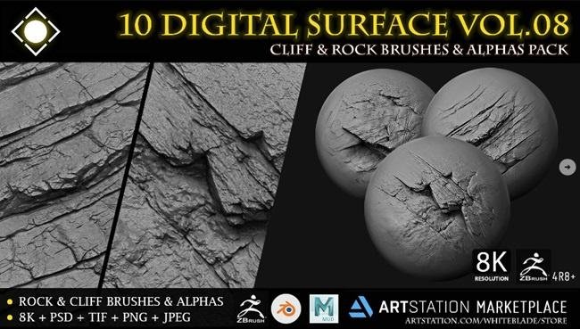 Artstation – 10 Digital Surface Rock & Cliff Brushes Alphas Vol.08  第1张